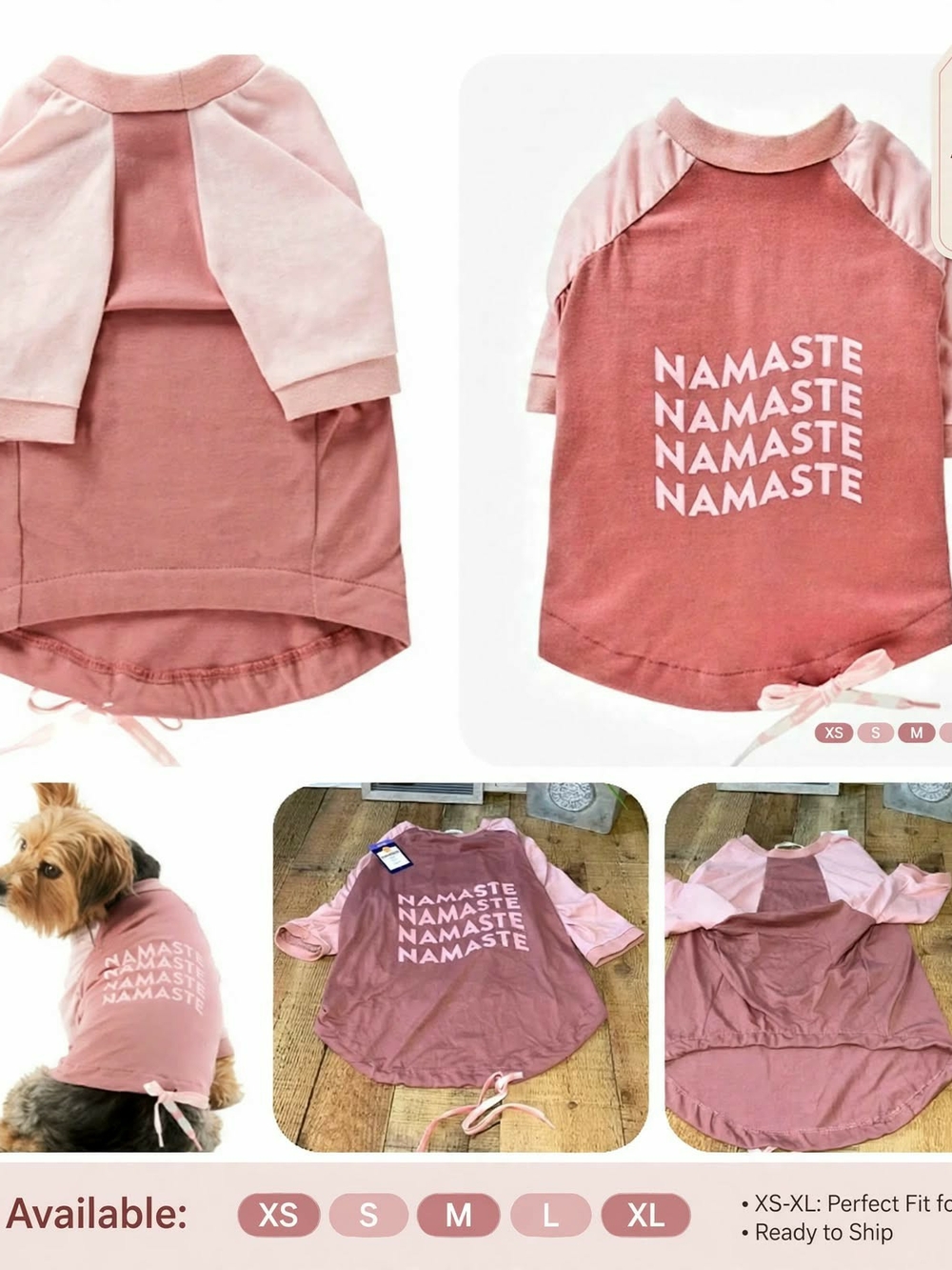TOP PAW Namaste Raglan Dog Tee - Dusty Rose & Light Pink XS-XL